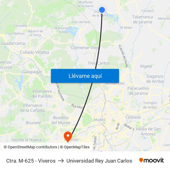 Ctra. M-625 - Viveros to Universidad Rey Juan Carlos map