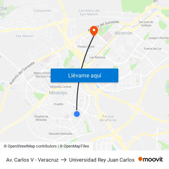 Av. Carlos V - Veracruz to Universidad Rey Juan Carlos map