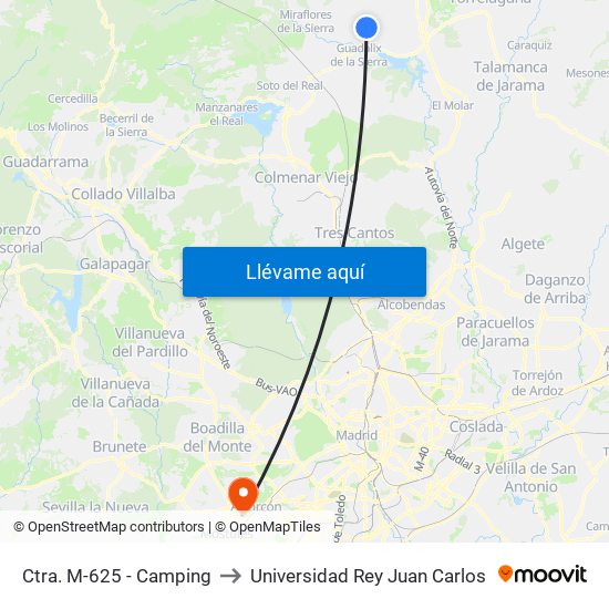 Ctra. M-625 - Camping to Universidad Rey Juan Carlos map