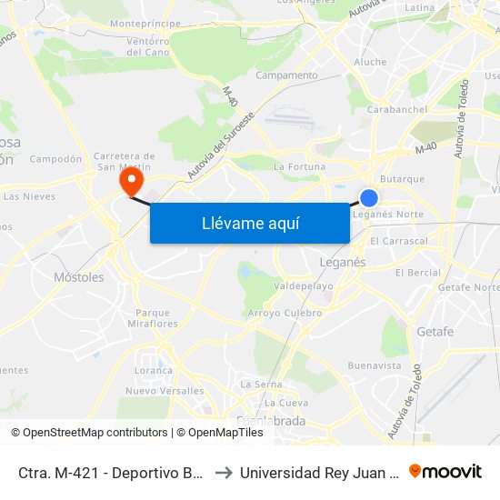 Ctra. M-421 - Deportivo Butarque to Universidad Rey Juan Carlos map