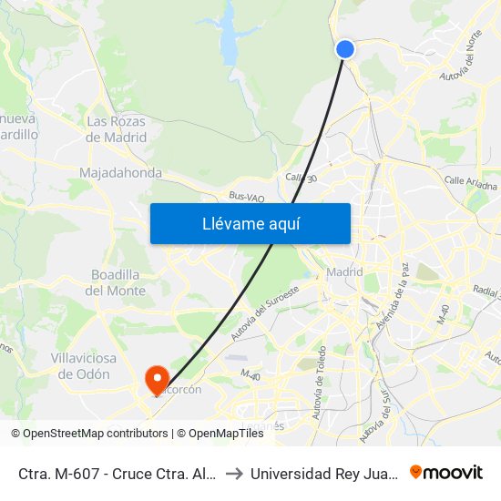 Ctra. M-607 - Cruce Ctra. Alcobendas to Universidad Rey Juan Carlos map