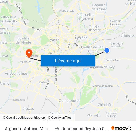 Arganda - Antonio Machado to Universidad Rey Juan Carlos map