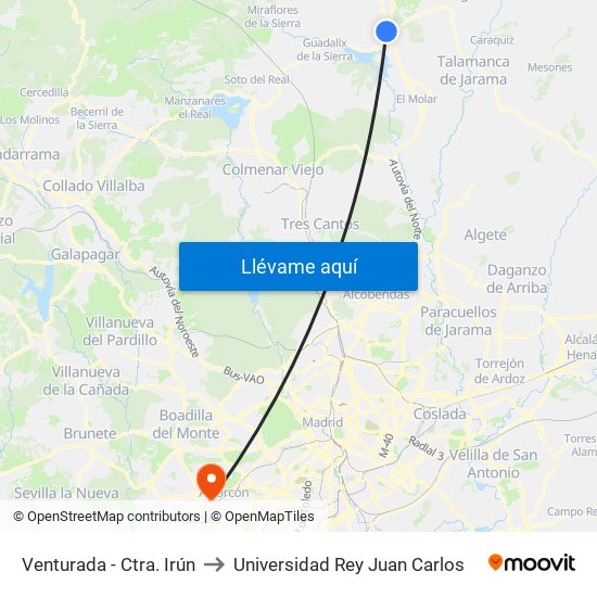 Venturada - Ctra. Irún to Universidad Rey Juan Carlos map