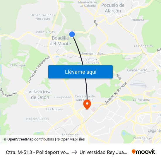 Ctra. M-513 - Polideportivo Piscinas to Universidad Rey Juan Carlos map