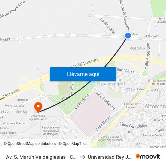 Av. S. Martín Valdeiglesias - C. C. Tres Aguas to Universidad Rey Juan Carlos map