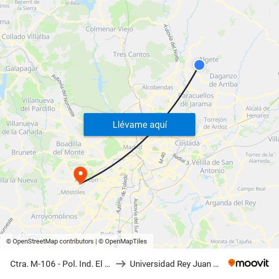Ctra. M-106 - Pol. Ind. El Nogal to Universidad Rey Juan Carlos map