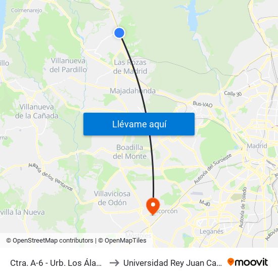 Ctra. A-6 - Urb. Los Álamos to Universidad Rey Juan Carlos map