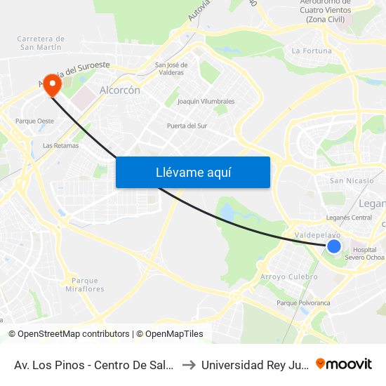 Av. Los Pinos - Centro De Salud Y Gerencia to Universidad Rey Juan Carlos map