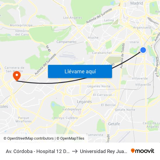 Av. Córdoba - Hospital 12 De Octubre to Universidad Rey Juan Carlos map