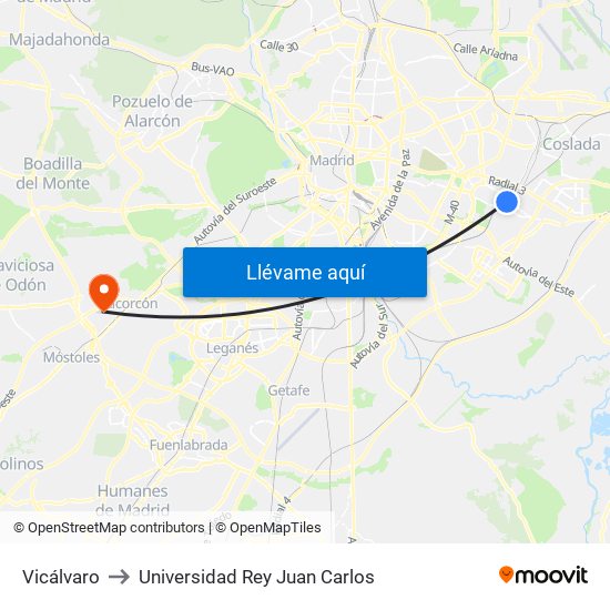 Vicálvaro to Universidad Rey Juan Carlos map