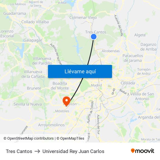 Tres Cantos to Universidad Rey Juan Carlos map