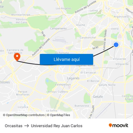 Orcasitas to Universidad Rey Juan Carlos map