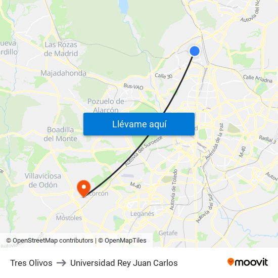 Tres Olivos to Universidad Rey Juan Carlos map
