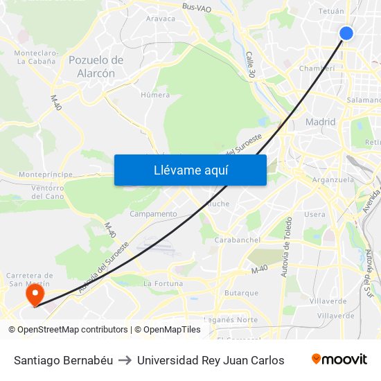 Santiago Bernabéu to Universidad Rey Juan Carlos map