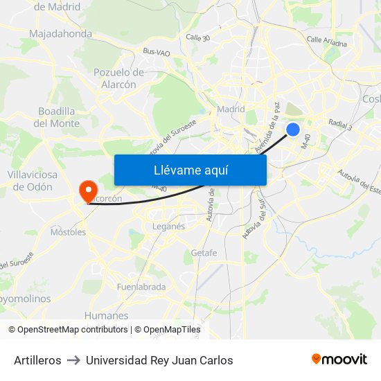 Artilleros to Universidad Rey Juan Carlos map
