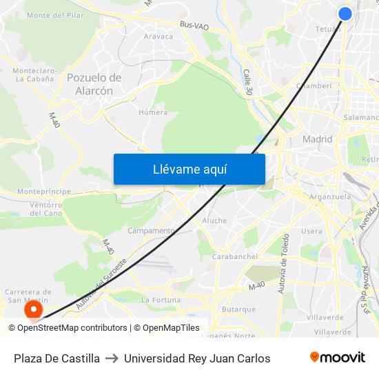 Plaza De Castilla to Universidad Rey Juan Carlos map