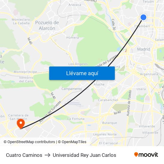 Cuatro Caminos to Universidad Rey Juan Carlos map