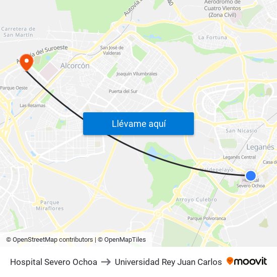 Hospital Severo Ochoa to Universidad Rey Juan Carlos map