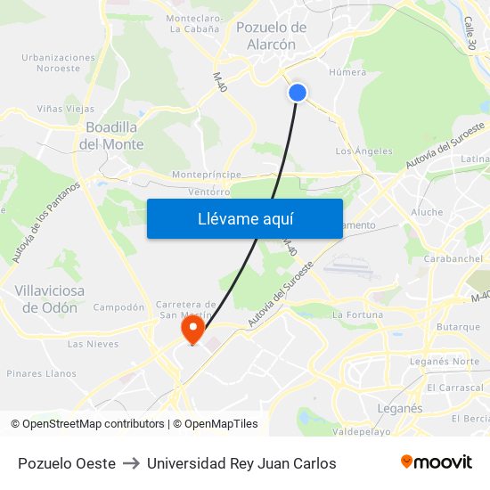 Pozuelo Oeste to Universidad Rey Juan Carlos map