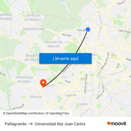 Peñagrande to Universidad Rey Juan Carlos map