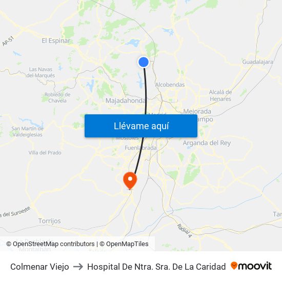 Colmenar Viejo to Hospital De Ntra. Sra. De La Caridad map