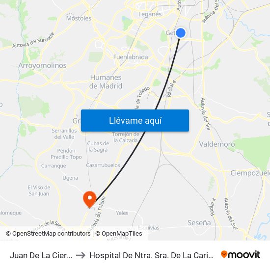 Juan De La Cierva to Hospital De Ntra. Sra. De La Caridad map