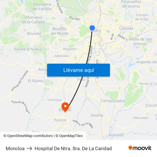 Moncloa to Hospital De Ntra. Sra. De La Caridad map