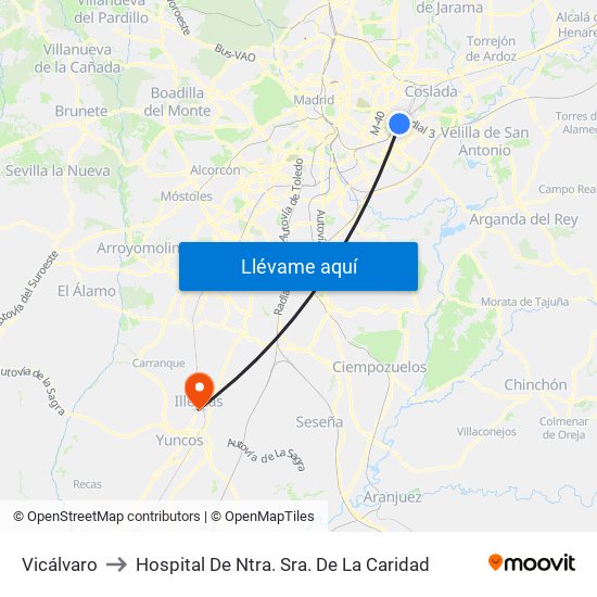 Vicálvaro to Hospital De Ntra. Sra. De La Caridad map