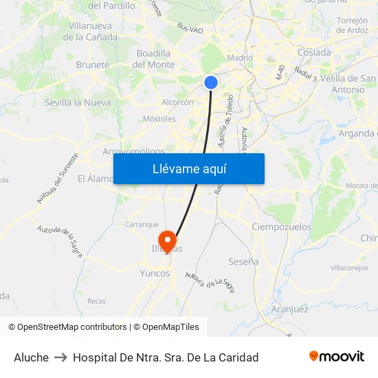 Aluche to Hospital De Ntra. Sra. De La Caridad map