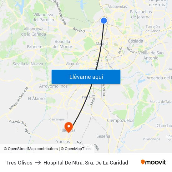 Tres Olivos to Hospital De Ntra. Sra. De La Caridad map