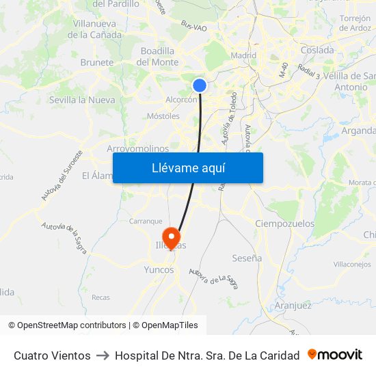 Cuatro Vientos to Hospital De Ntra. Sra. De La Caridad map
