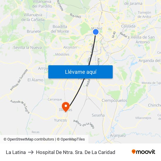 La Latina to Hospital De Ntra. Sra. De La Caridad map