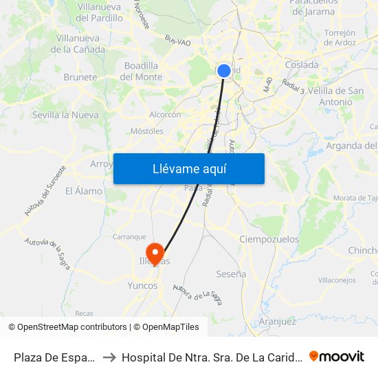 Plaza De España to Hospital De Ntra. Sra. De La Caridad map