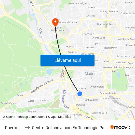 Puerta De Toledo to Centro De Innovación En Tecnología Para El Desarrollo Humano Itdupm map