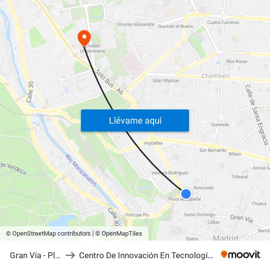 Gran Vía - Plaza De España to Centro De Innovación En Tecnología Para El Desarrollo Humano Itdupm map