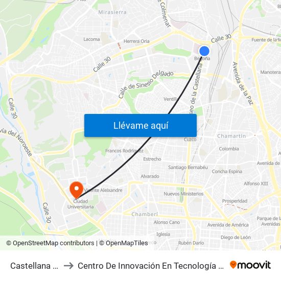 Castellana - Nudo Norte to Centro De Innovación En Tecnología Para El Desarrollo Humano Itdupm map