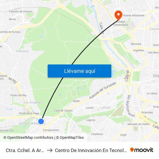 Ctra. Cchel. A Aravaca - Colonia Jardín to Centro De Innovación En Tecnología Para El Desarrollo Humano Itdupm map