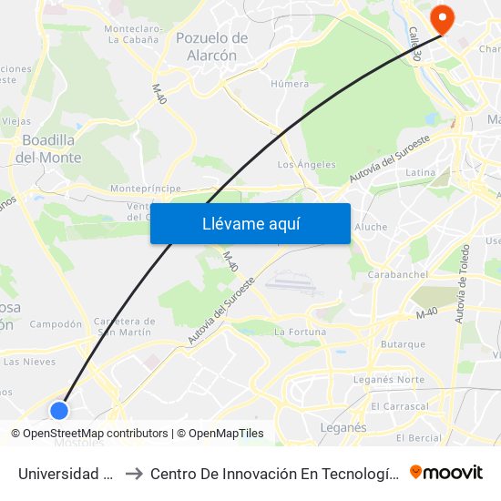 Universidad Rey Juan Carlos to Centro De Innovación En Tecnología Para El Desarrollo Humano Itdupm map