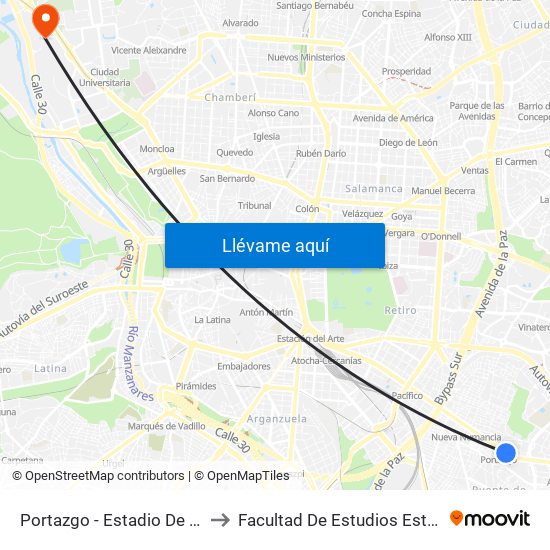Portazgo - Estadio De Vallecas to Facultad De Estudios Estadísticos map