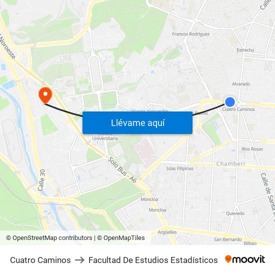 Cuatro Caminos to Facultad De Estudios Estadísticos map