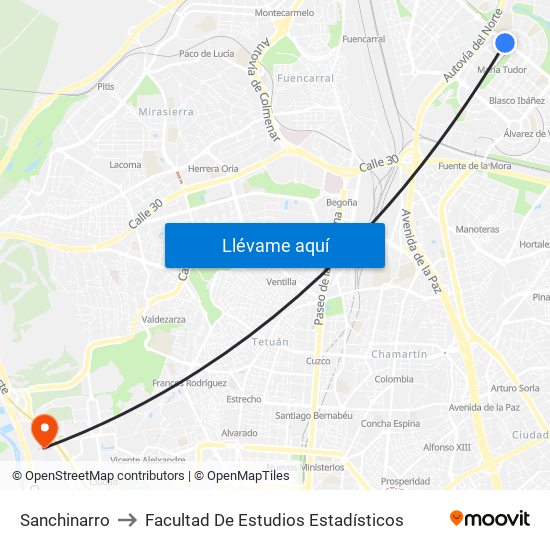 Sanchinarro to Facultad De Estudios Estadísticos map