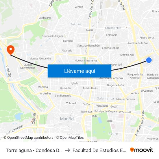 Torrelaguna - Condesa De Venadito to Facultad De Estudios Estadísticos map