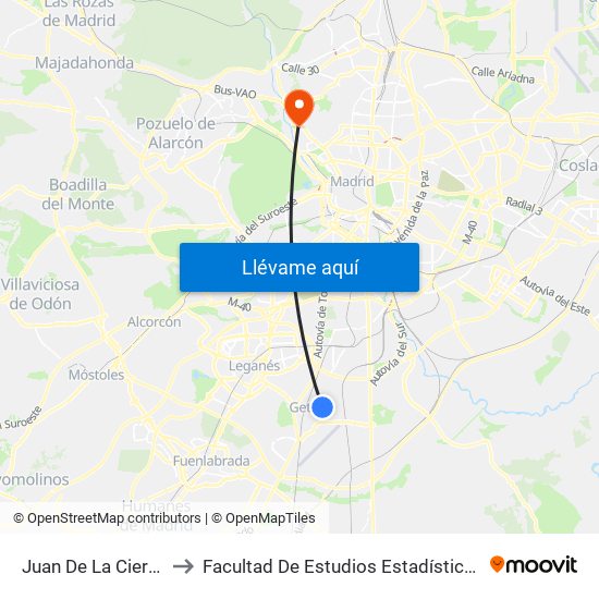 Juan De La Cierva to Facultad De Estudios Estadísticos map