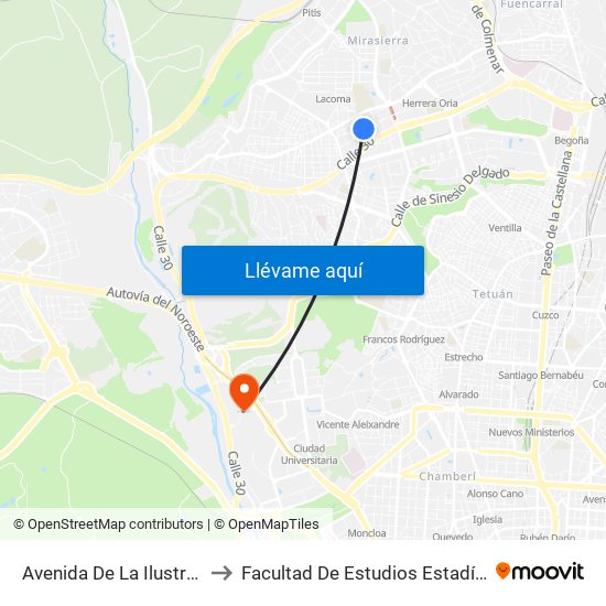 Avenida De La Ilustración to Facultad De Estudios Estadísticos map