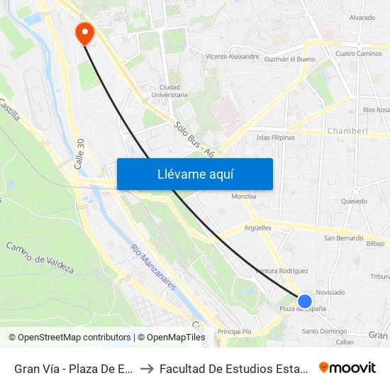 Gran Vía - Plaza De España to Facultad De Estudios Estadísticos map