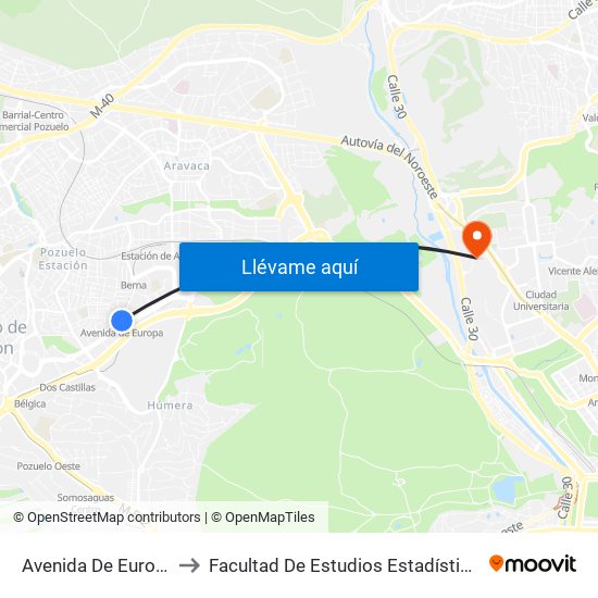 Avenida De Europa to Facultad De Estudios Estadísticos map
