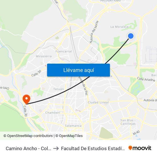 Camino Ancho - Colegio to Facultad De Estudios Estadísticos map