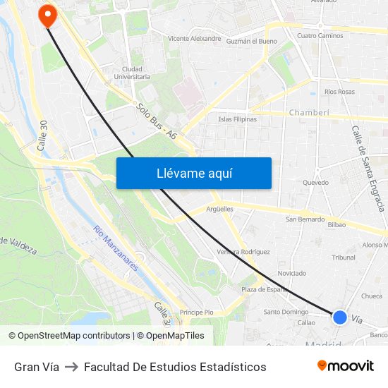 Gran Vía to Facultad De Estudios Estadísticos map