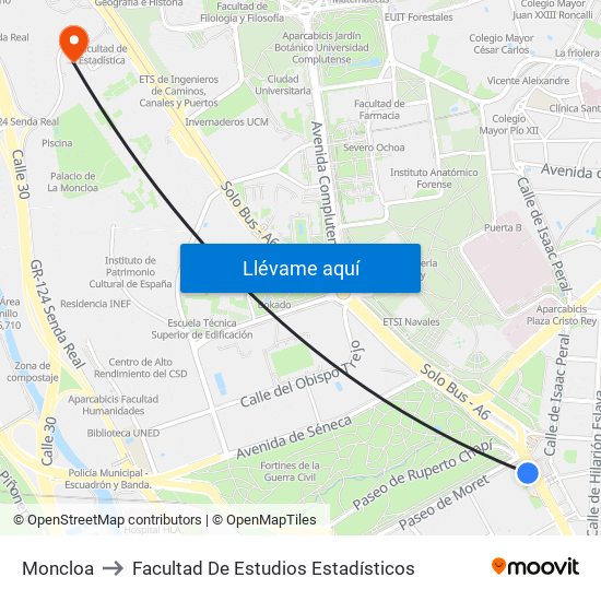 Moncloa to Facultad De Estudios Estadísticos map