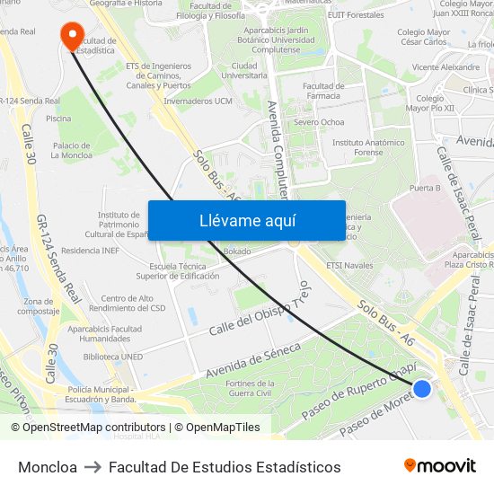 Moncloa to Facultad De Estudios Estadísticos map